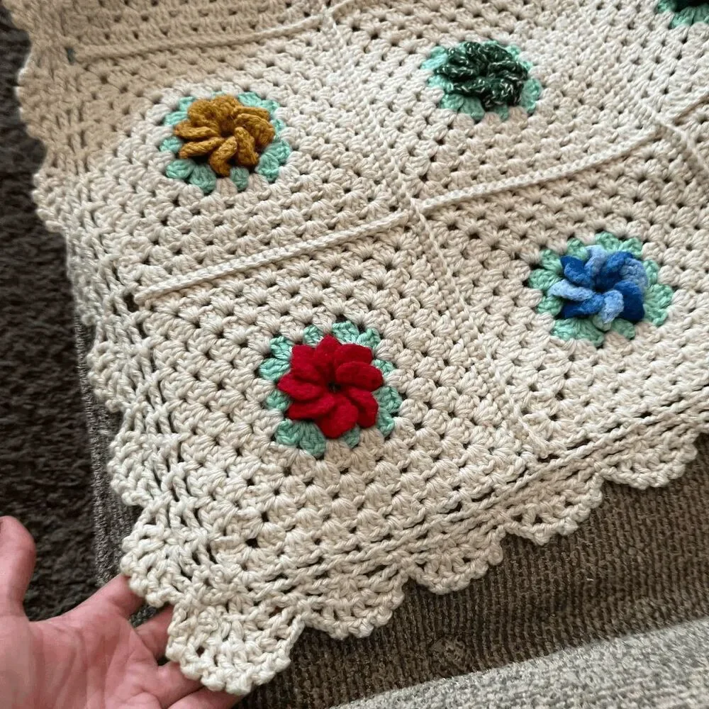 Handmade Crochet Afghan Blanket Puff 3D Flowers Cotton Blend 72x52 Boho Cottagec